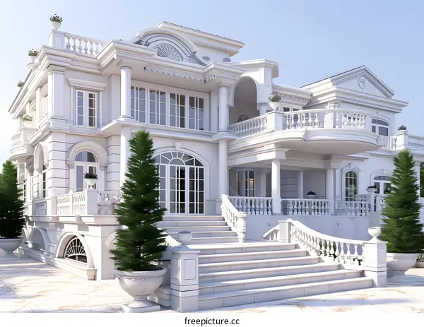 White Luxury Villa with Steps and Balcony