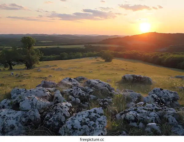 Sunset over a rocky field