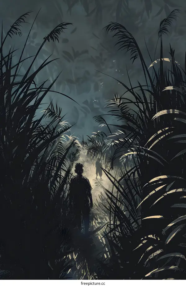 Two Silhouettes Walking Through Tall Grass