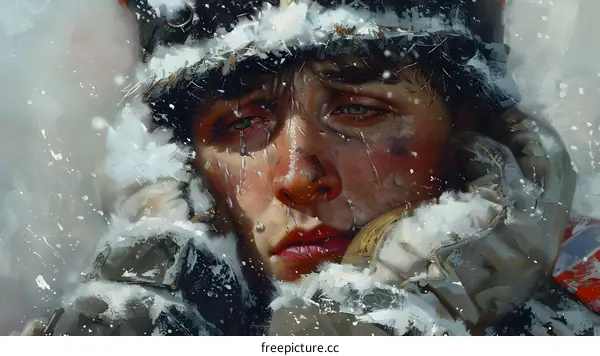 Portrait of a young man in a fur hat with tears in his eyes