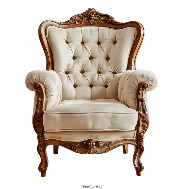 [Transparent Background PNG]Classic Style Carved Wooden Armchair With Beige Fabric Upholstery