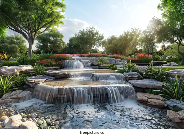 Serene Modern Park with Cascading Waterfall