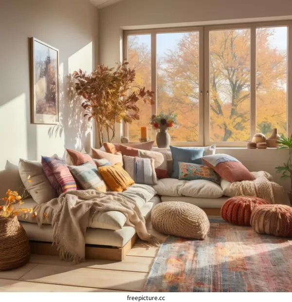 A cozy living room with a large window looking out onto a beautiful fall landscape.