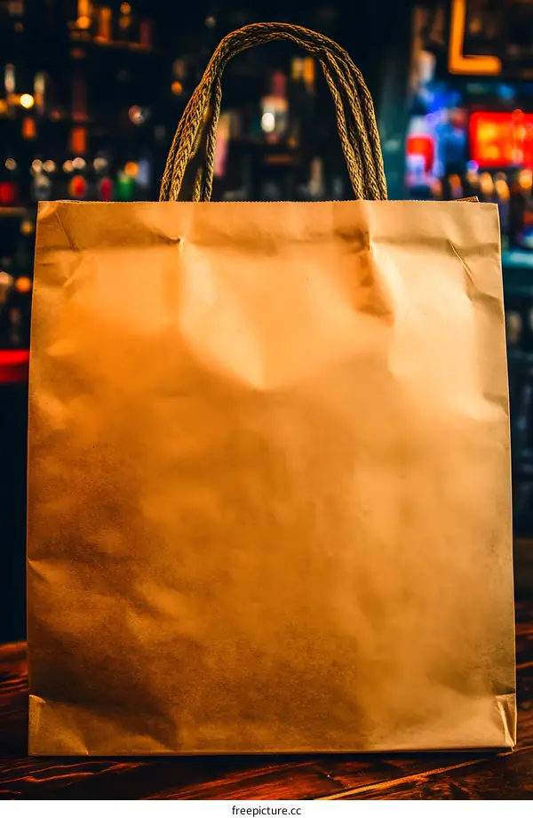 Brown Paper Bag with Twisted Rope Handles on Wooden Table