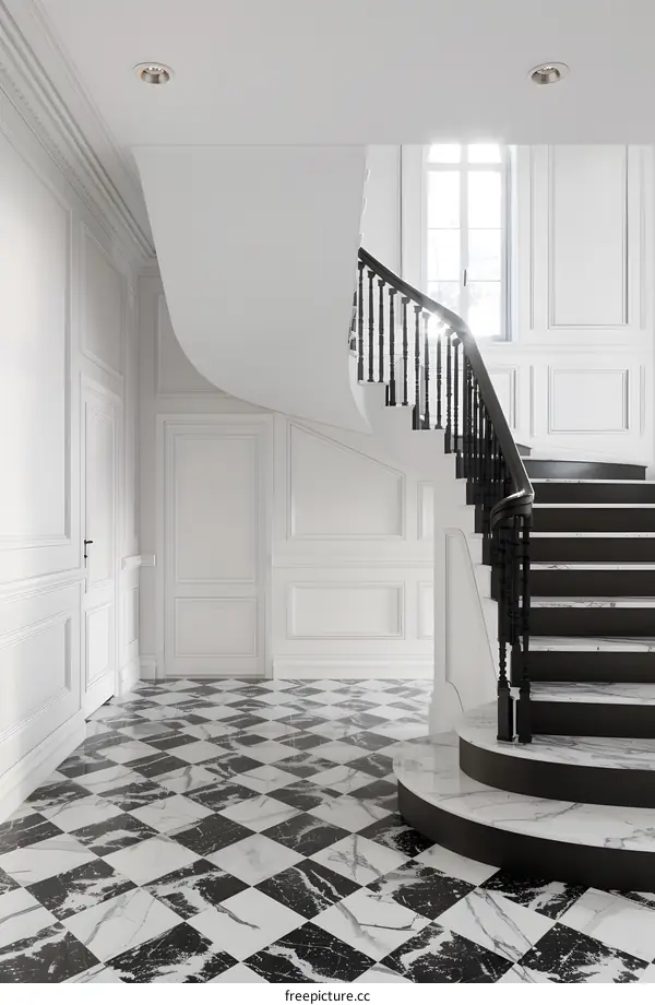 White Marble Checkerboard Floor And Black Railing Curved Staircase