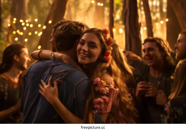 A group of young people are dancing and hugging at a party in the woods.