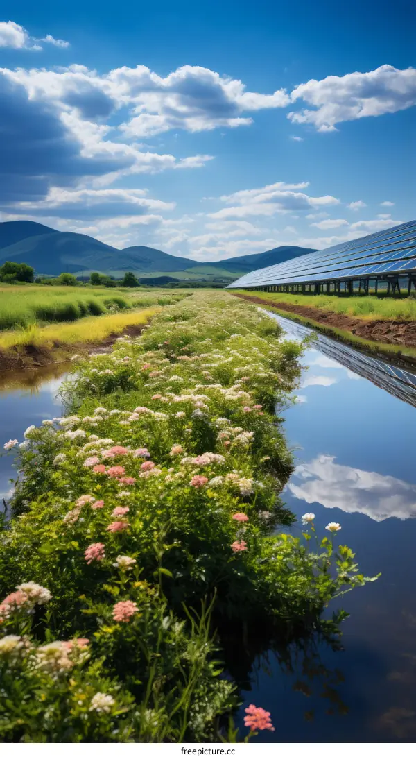 Field of solar panels with wildflowers in foreground and mountains in background