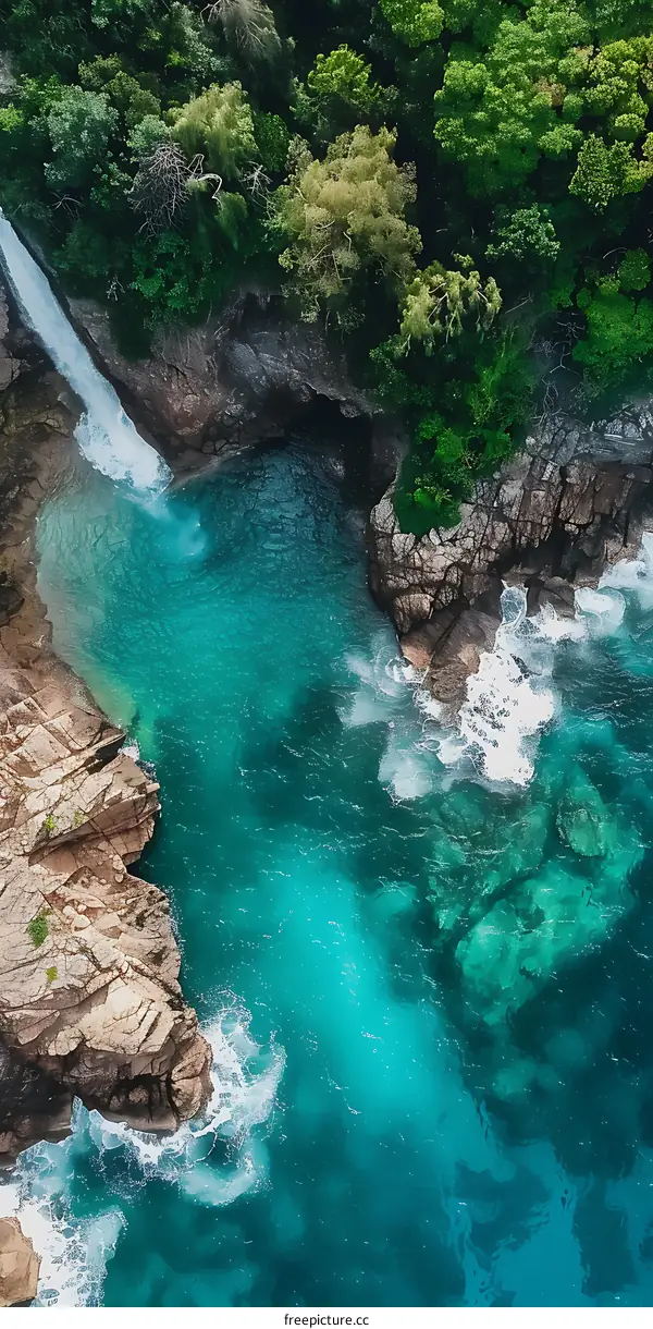 Aerial View of Turquoise Water with Rocks and Waterfall