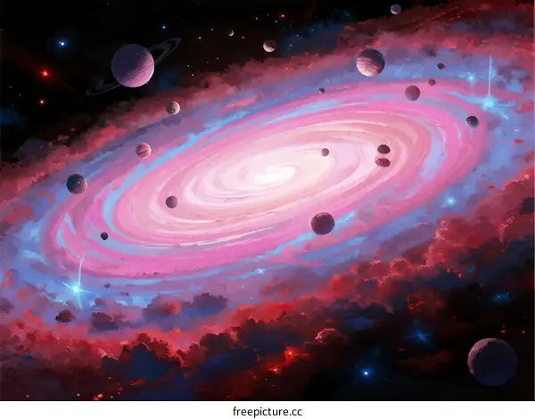 Vibrant Spiral Galaxy with Floating Planets and Cosmic Clouds