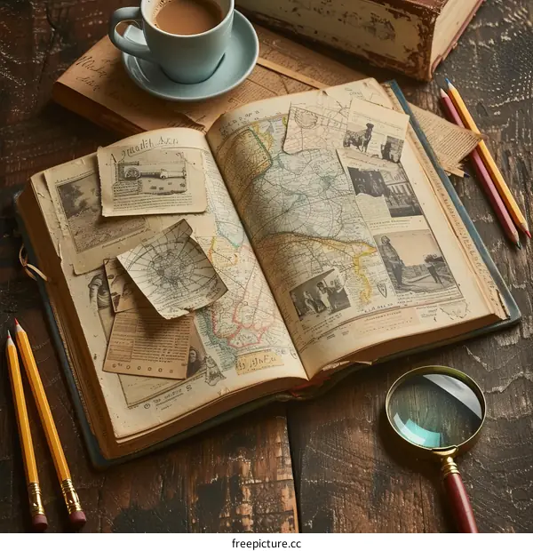 Vintage world map with magnifying glass and old photos