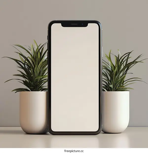Blank Screen Smartphone Mockup with Two Potted Plants