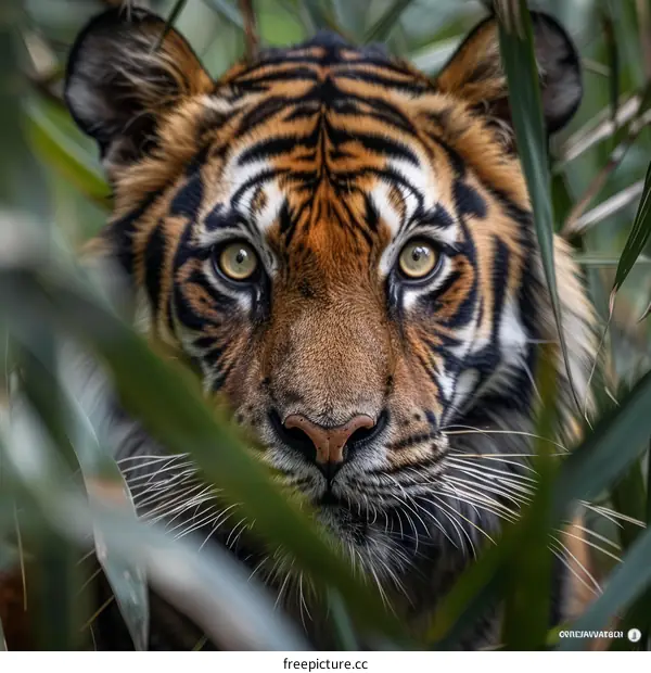 A fierce tiger peers out from behind dense foliage
