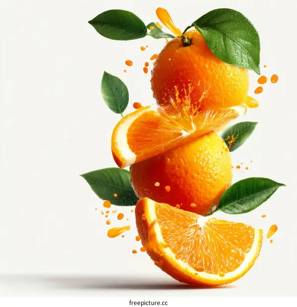 Freshly Sliced Oranges in Motion with Juice Splash