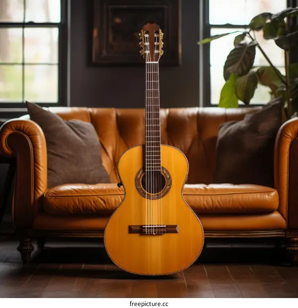 A classical guitar rests on a brown leather couch.