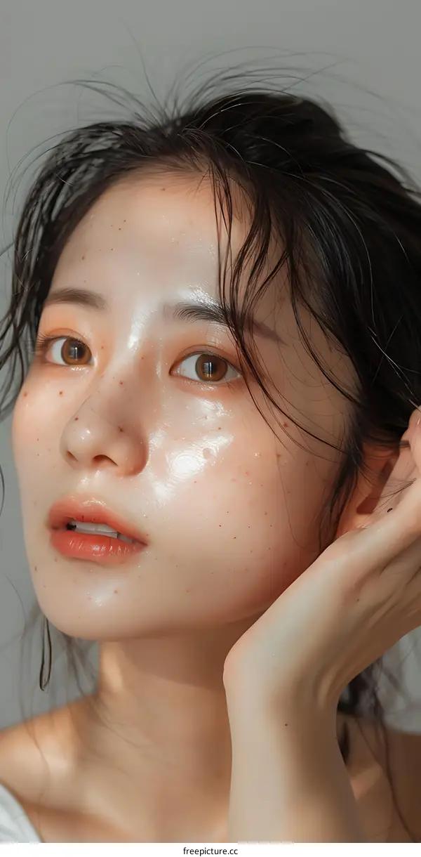 Close Up Portrait of a Beautiful Young Asian Woman with Wet Hair and Natural Makeup