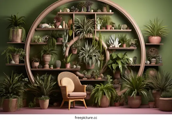 An abundance of indoor plants displayed on shelves in a modern interior space