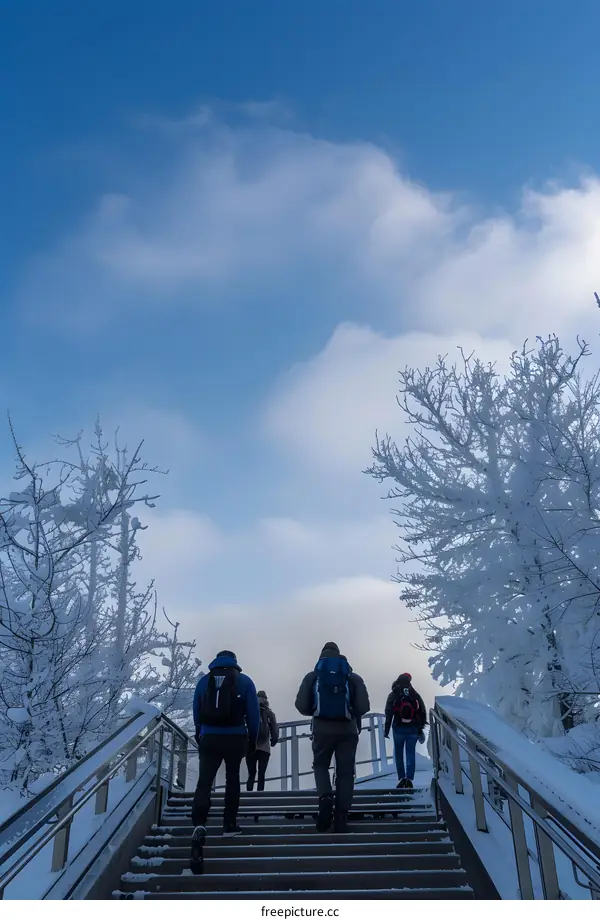 People Walking Up Snowy Stairs Under A Blue Sky