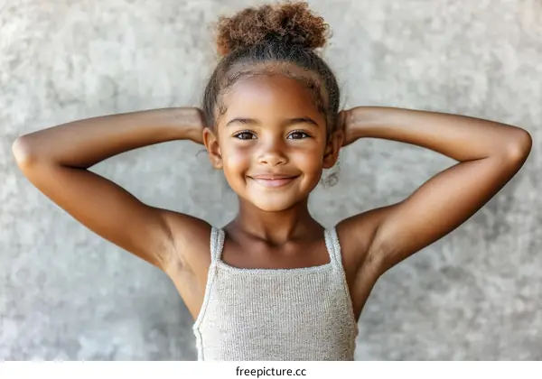 A Smiling Girl with Uplifted Arms