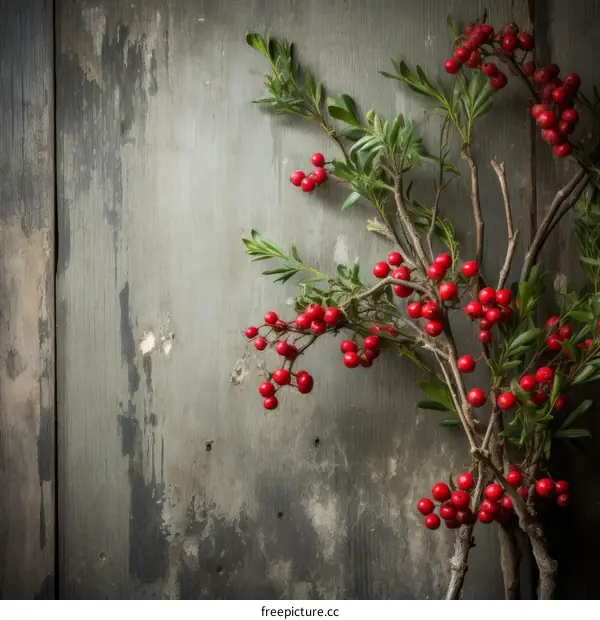 Still life of red berries on a branch with green leaves against a rustic wooden background