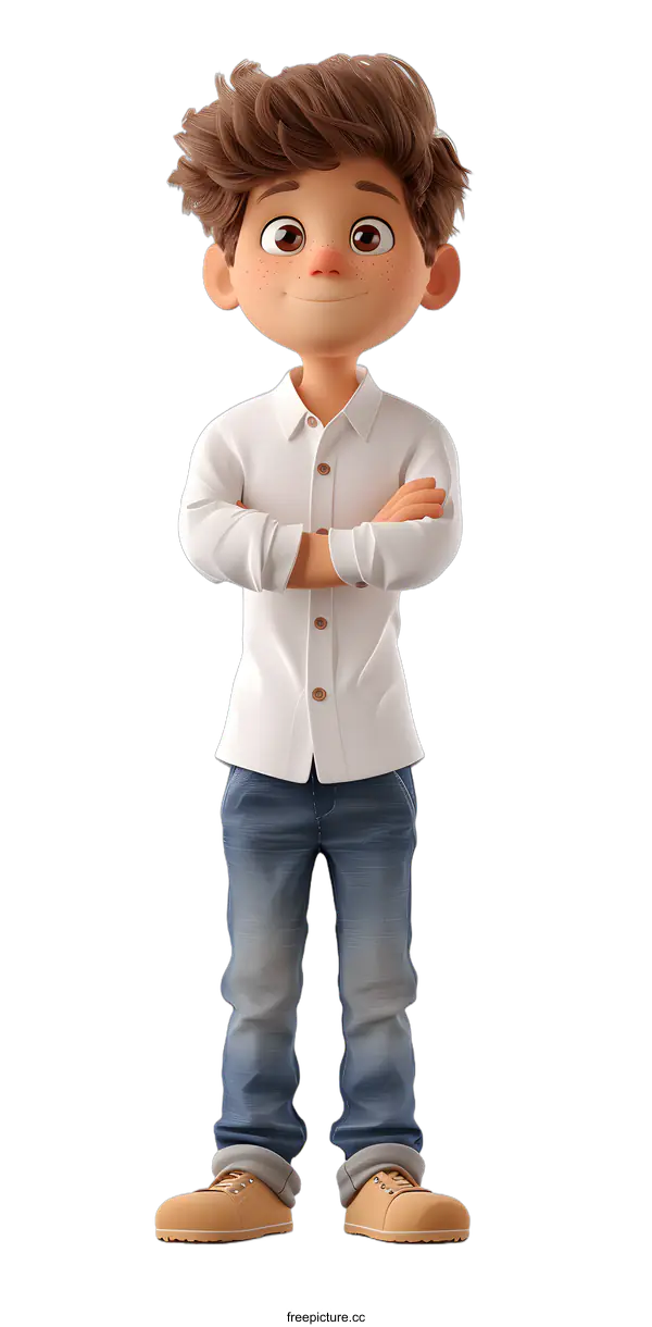 [Transparent Background PNG]3d rendering of a boy with brown hair and freckles wearing a white shirt and blue jeans