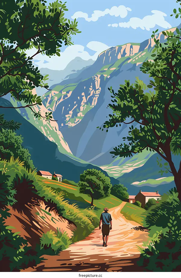 Man Walking on a Path Towards Mountains