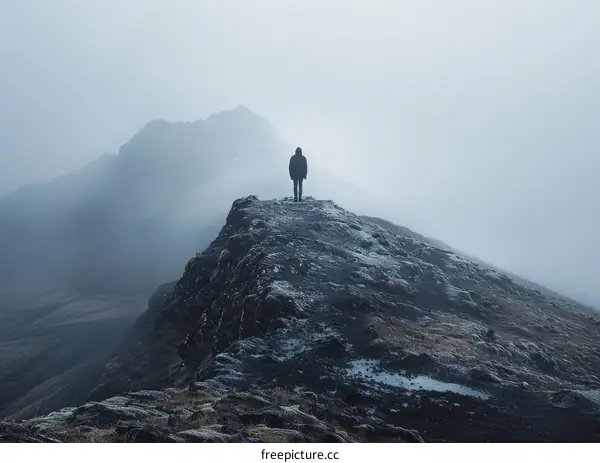 Man standing alone on top of a mountain