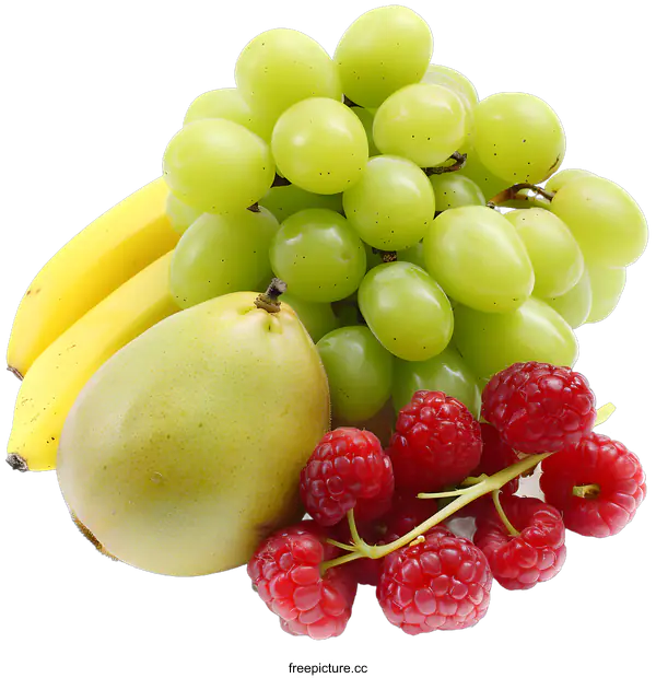 [Transparent Background PNG]Green Grapes, Banana, Pear and Raspberries Still Life Photography