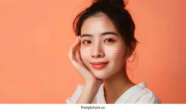 Portrait of a Young Asian Woman with a White Cream on Her Cheeks