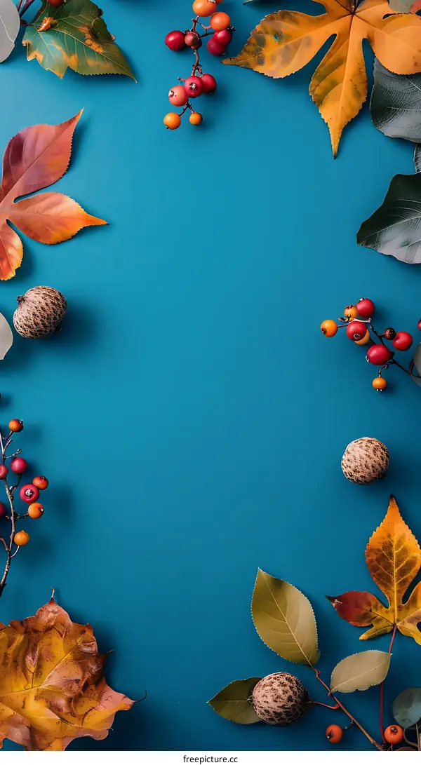 Autumn Leaves and Berries on Teal Background