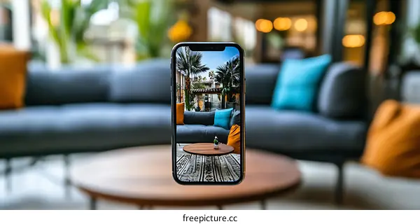 Smartphone Display Showing Interior Design With Sofa And Table