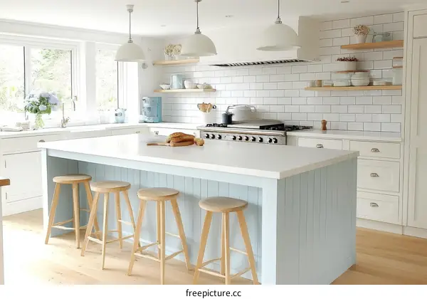 Light Blue Kitchen Island with Wooden Bar Stools