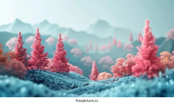 Pink Trees and Blue Mountains: A Serene Landscape