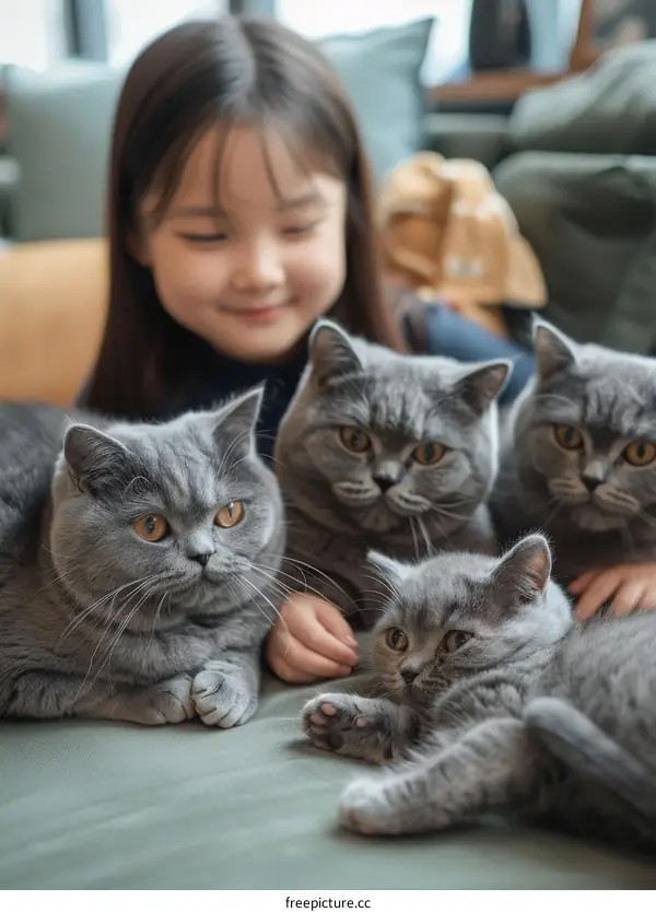 A young girl is sitting on a sofa with three British Shorthair cats.