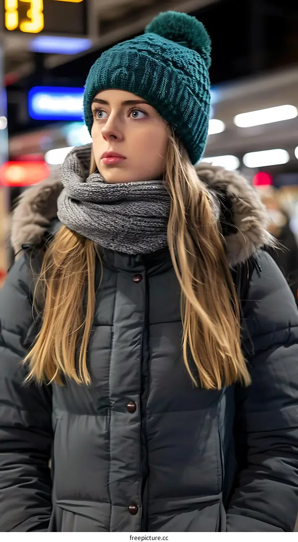 Woman in Green Knit Hat and Grey Scarf Waiting at the Train Station