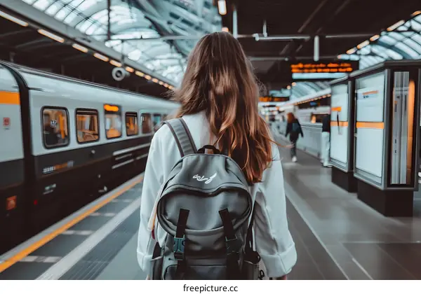 Woman Walking With Backpack At The Train Station