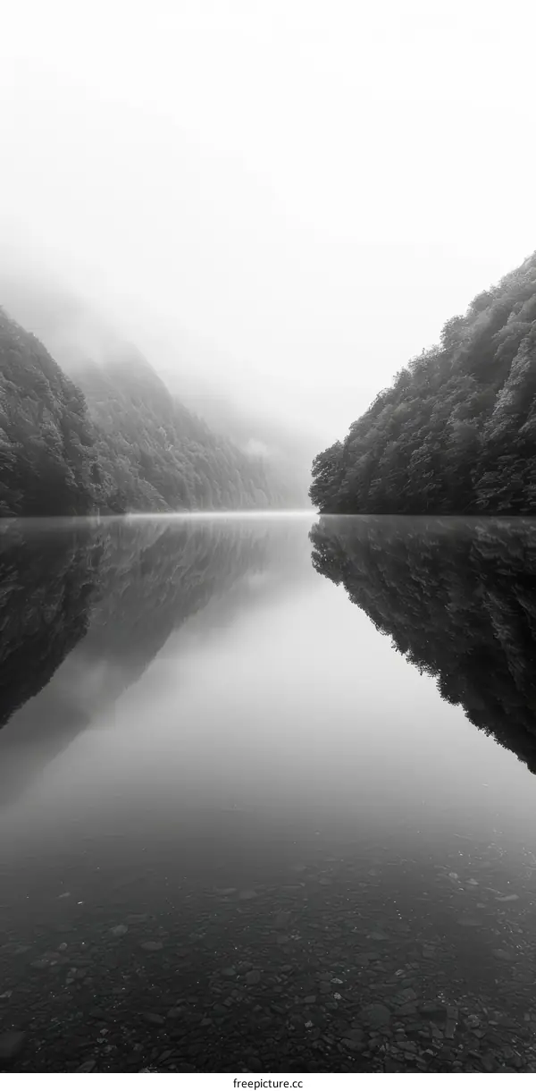 Black and white photo of a mountain lake with trees on the shore and fog in the background