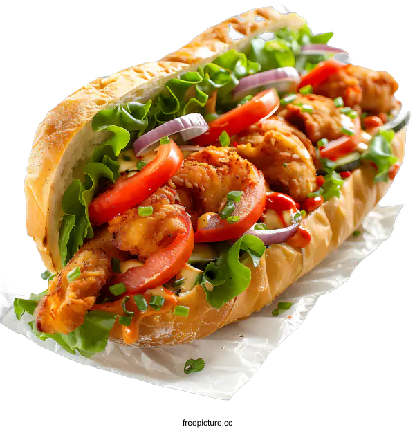 [Transparent Background PNG]A delicious sandwich with shrimp, lettuce, tomato, and onion