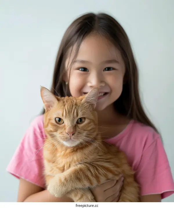 a smiling Asian girl holding an orange cat