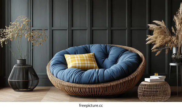 Cozy Modern Wicker Lounger in Dark Room
