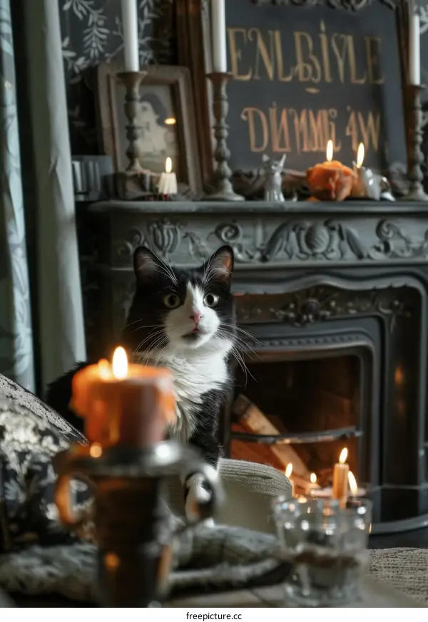 Curious Black and White Cat by Fireplace