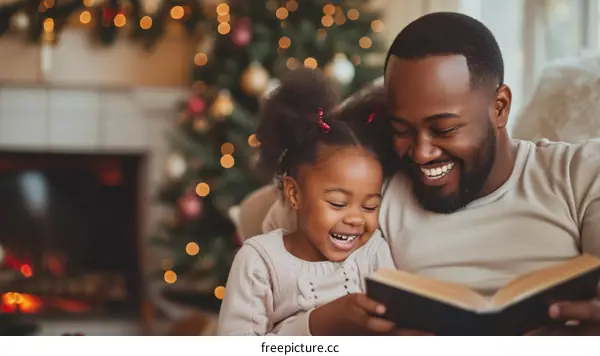 Father and daughter reading a book together at Christmas time