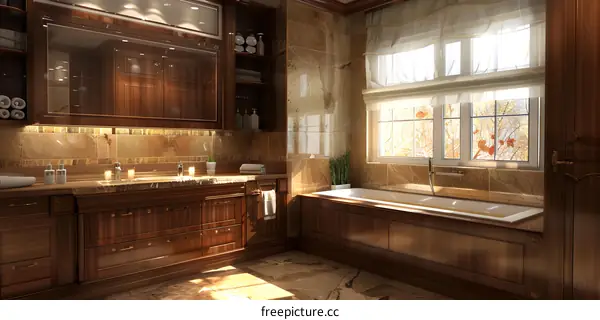 Modern Bathroom Interior Design with Wooden Cabinetry and Bathtub