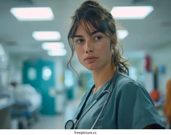 A young female doctor wearing a stethoscope around her neck looks off into the distance thoughtfully