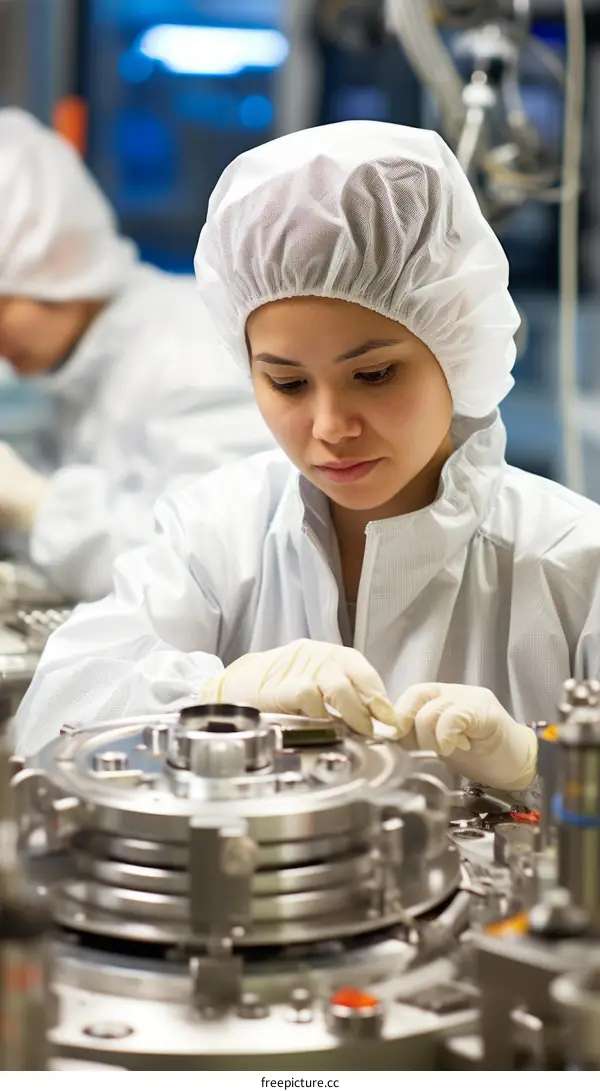 Asian woman in protective clothing working in a cleanroom