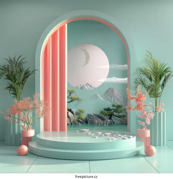 Pastel Aesthetic Minimalist Scene with Asian-Inspired Landscape
