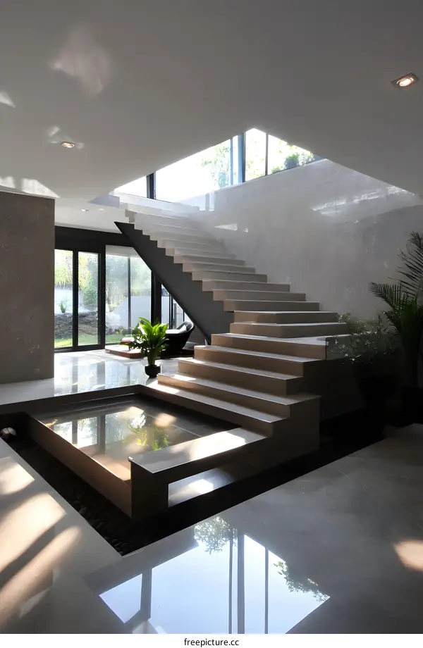 Modern House Interior Design with Staircase and Water Feature