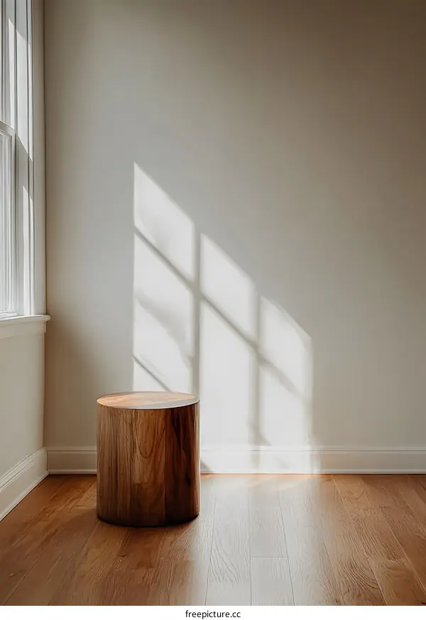 Wooden Stool in a Minimalist Room with Sunlight Streaming Through Window