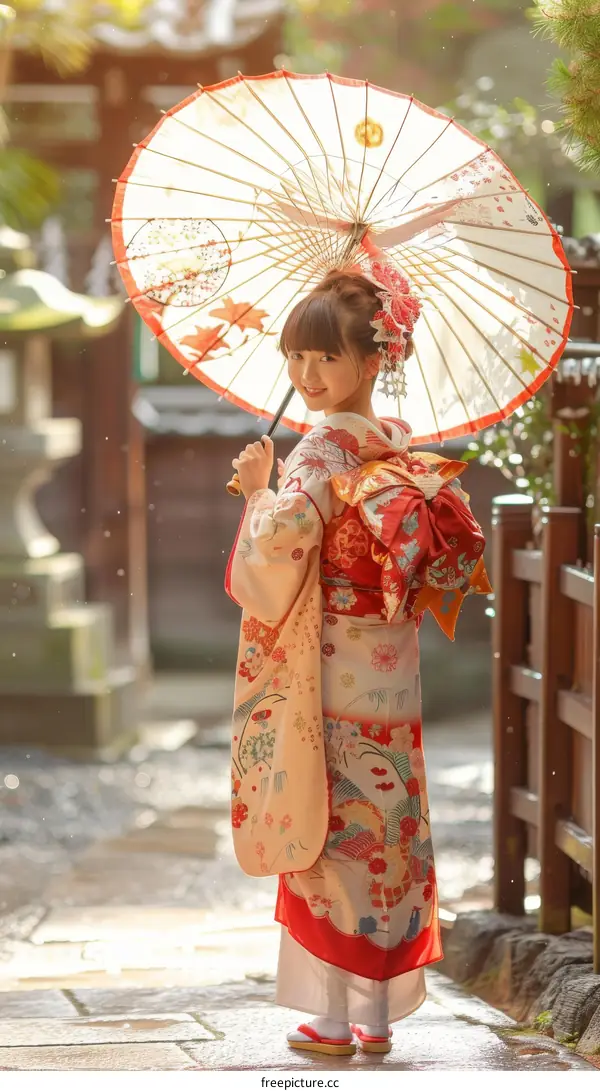 Japanese Girl in Traditional Kimono Holding a Paper Umbrella