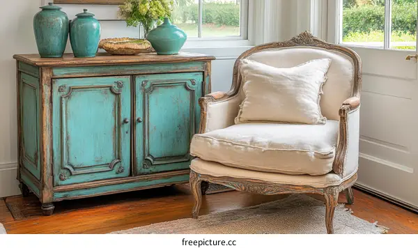 Antique Vintage Light Teal Blue Wooden Cabinet and Cream Colored Armchair