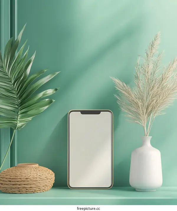 Mockup of a Smartphone on Green Background with Plants